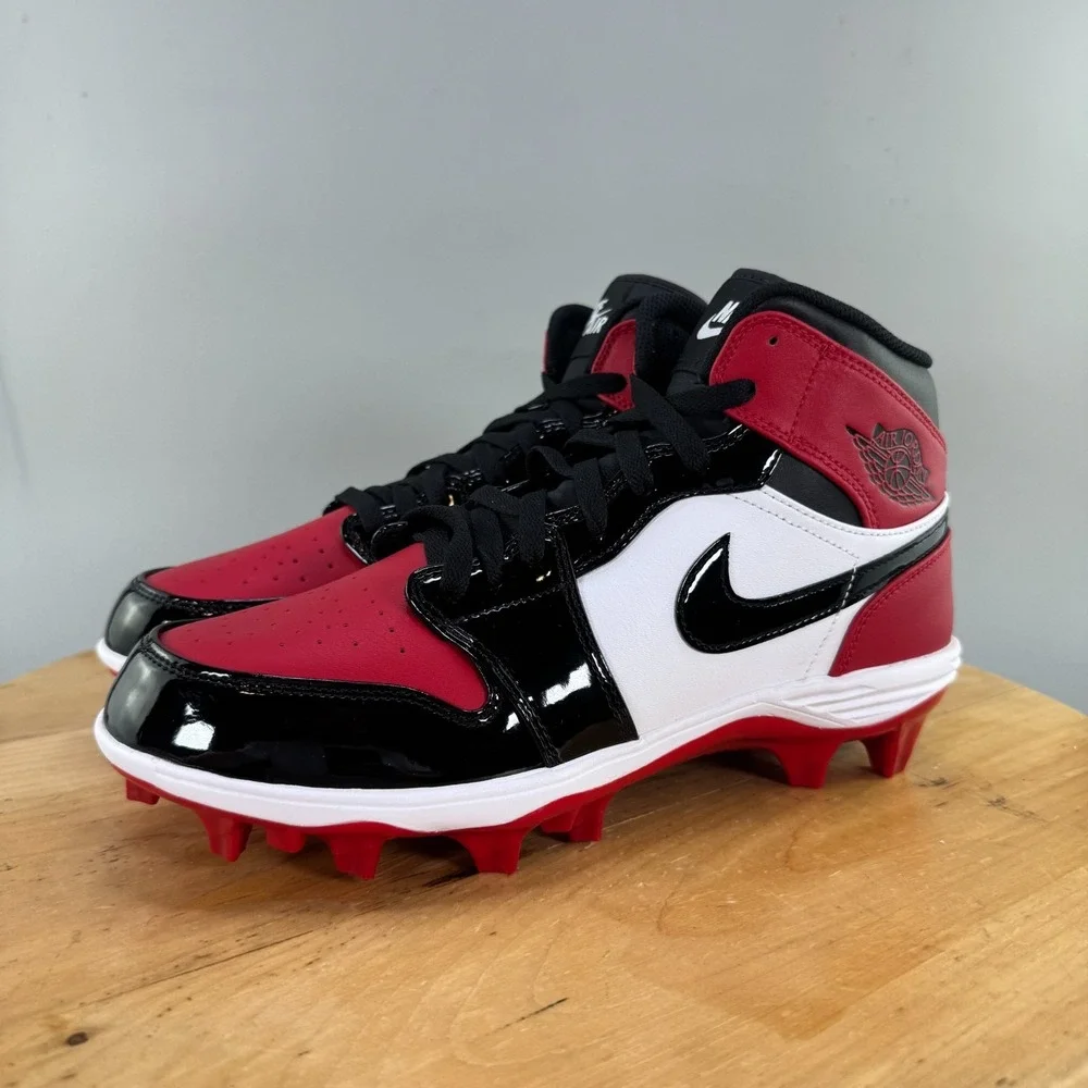 Nike Air Jordan 1 Mid TD Mens Size 9 Patent Bred Toe Football‎ Cleats Red Black